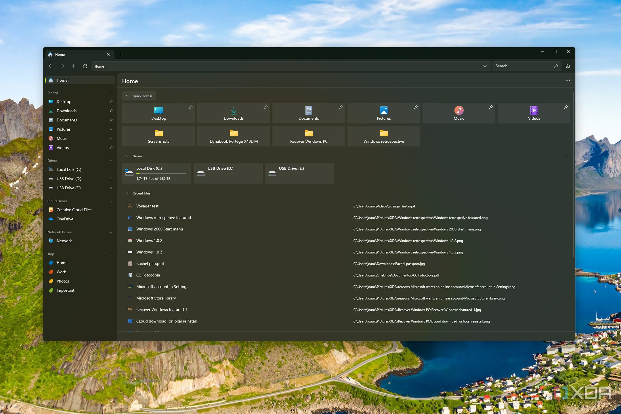Screenshot of the home page in the Files app
