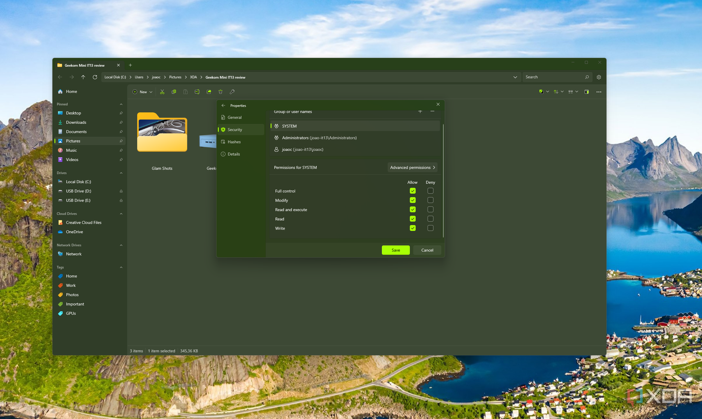 Screenshot of the Files app with a Properties dialog open showing the security settings for a file
