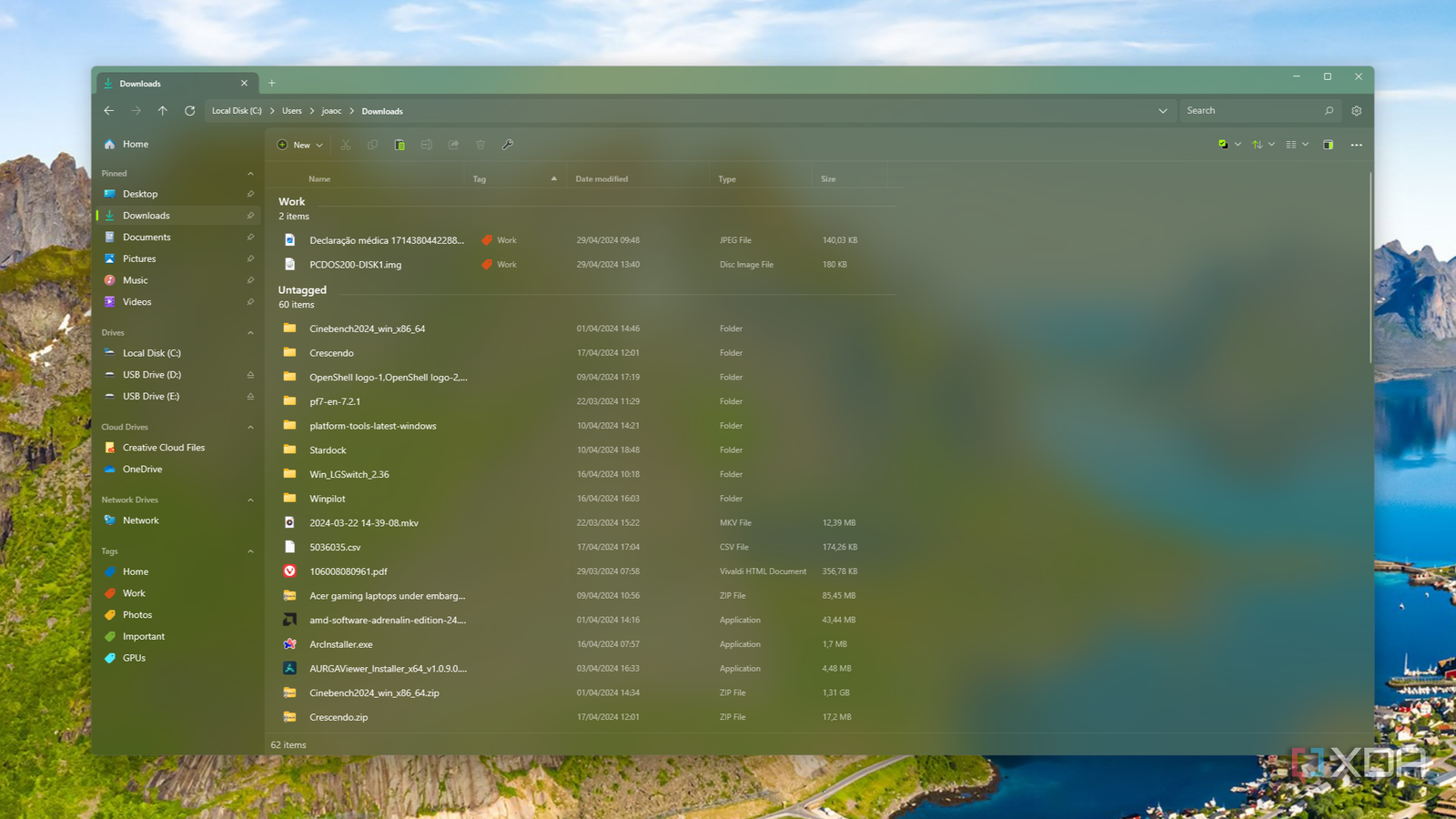 Screenshot of the Files app on Windows 11 with a green theme and a photo in the background