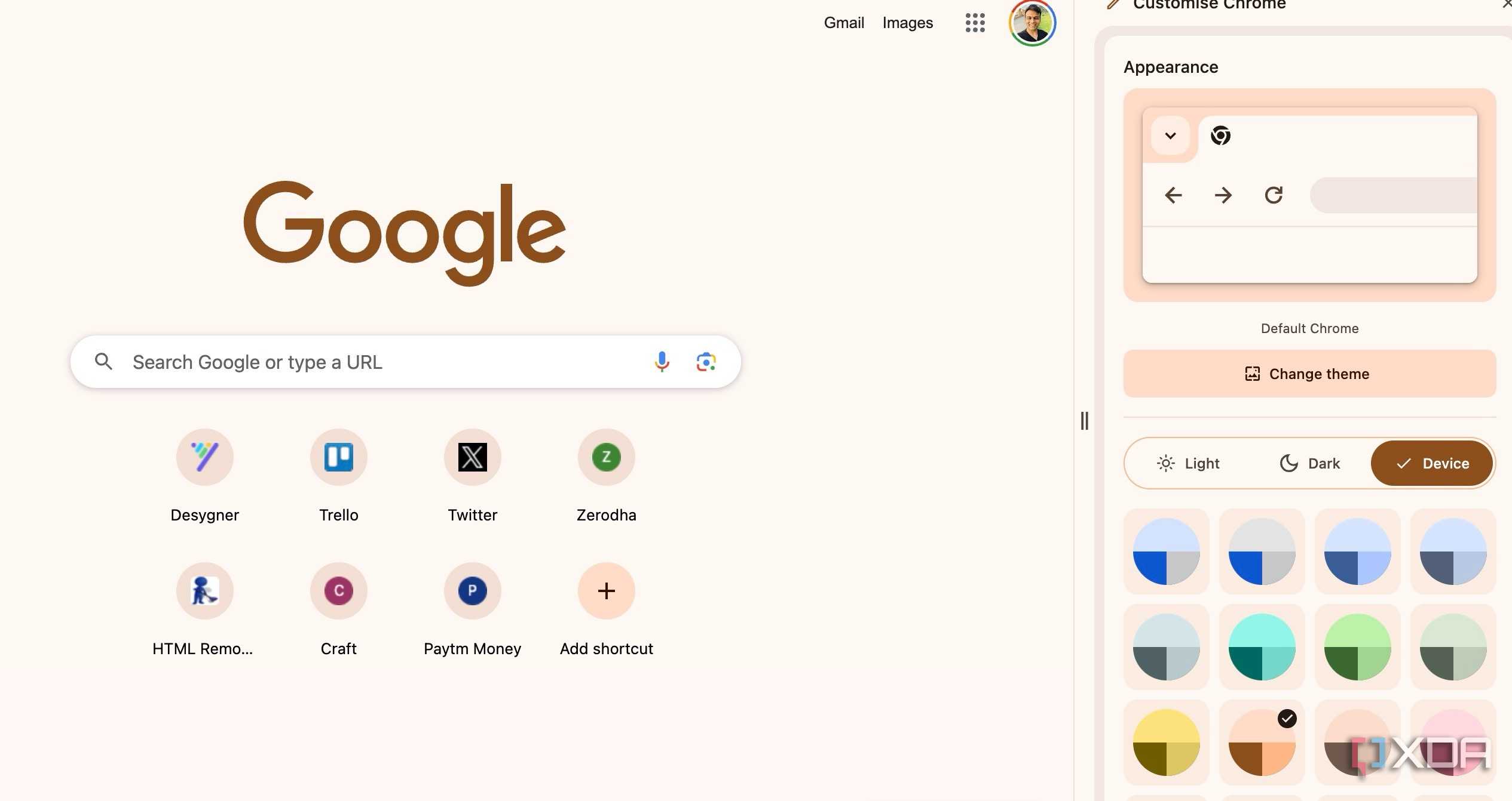 Google Chrome appearance menu