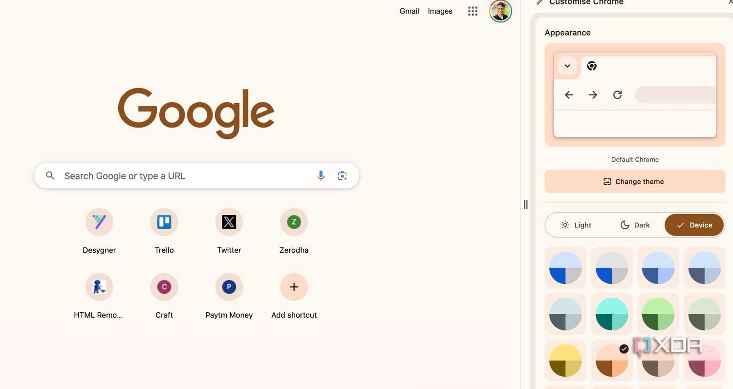 Google Chrome appearance menu