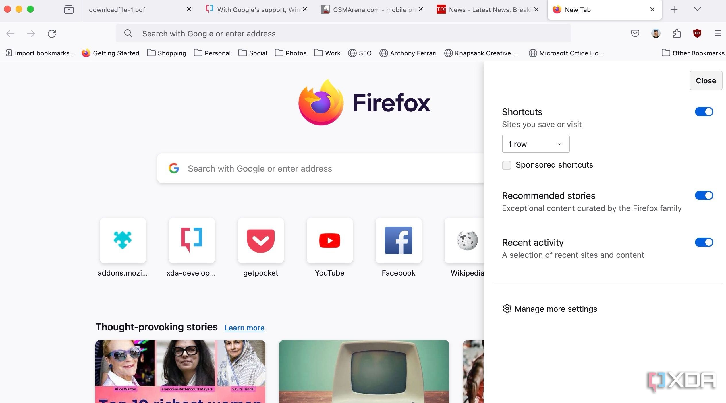 Firefox home screen customization