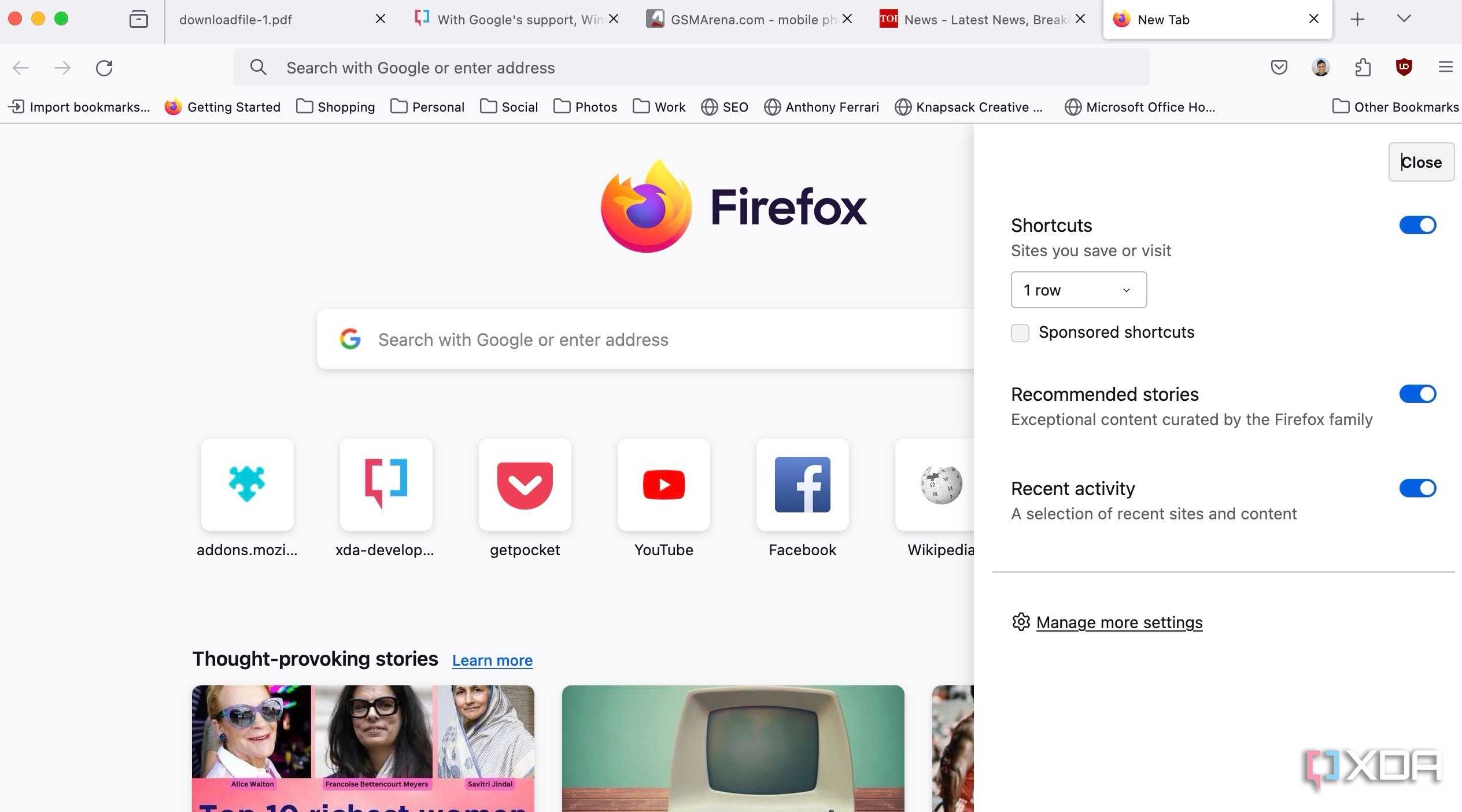 Firefox home screen customization