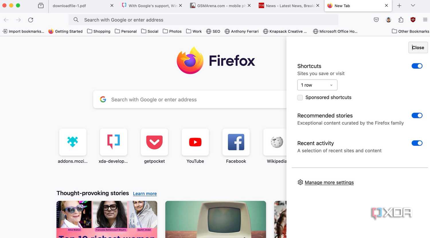 Firefox home screen customization