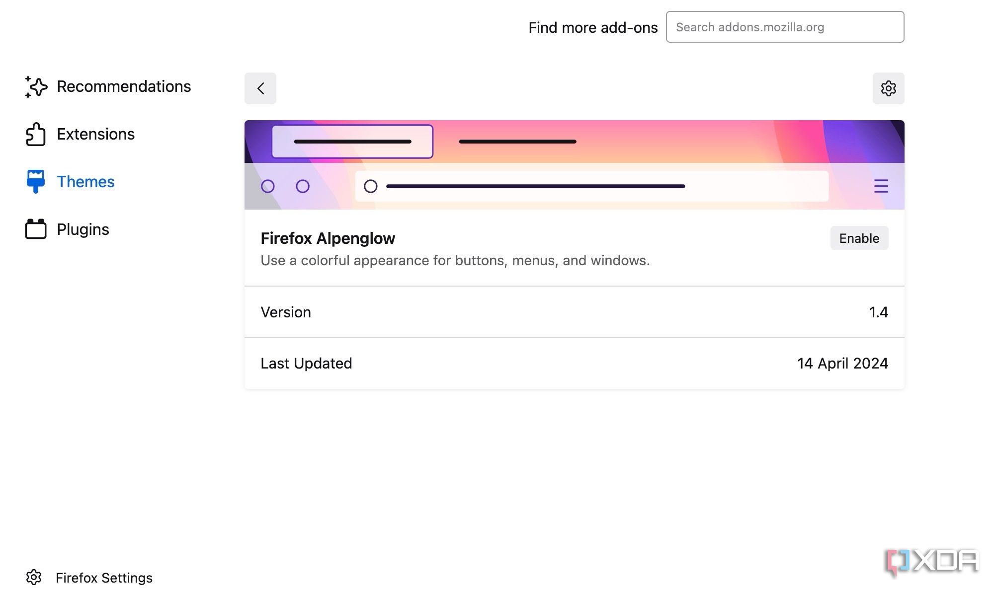Firefox themes menu