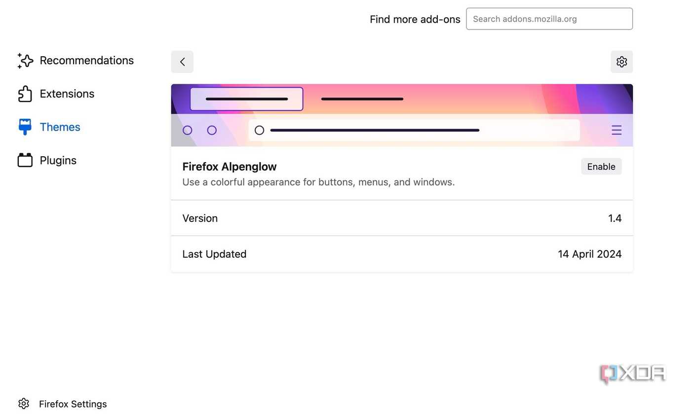 Firefox themes menu