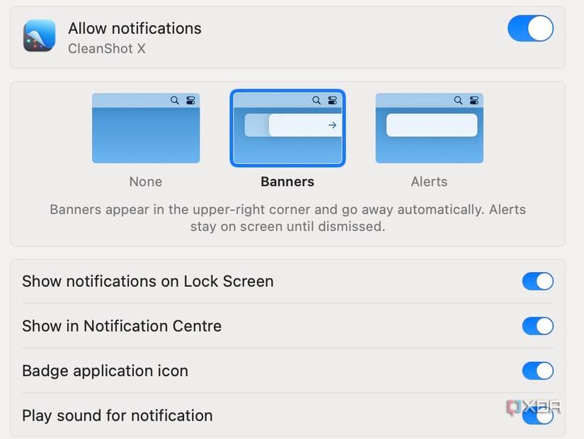 Notification settings for an app on Mac