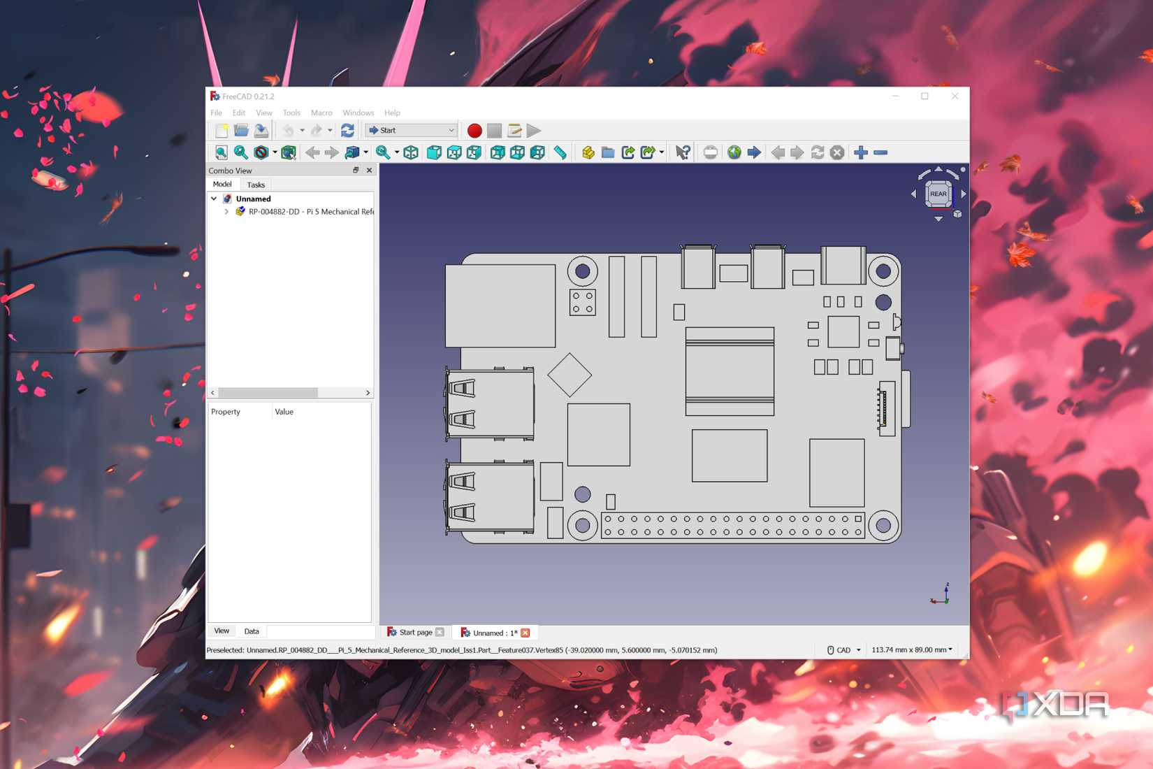FreeCAD with a 3D model of the Raspberry Pi 5 displayed