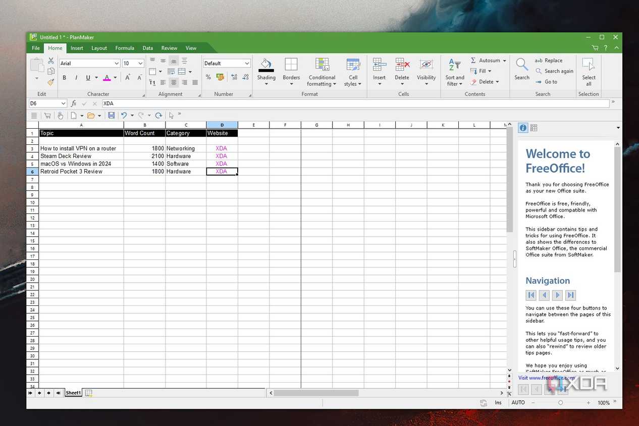 Screenshot of PlanMaker, a free Excel Alternative from SoftMaker FreeOffice suite.