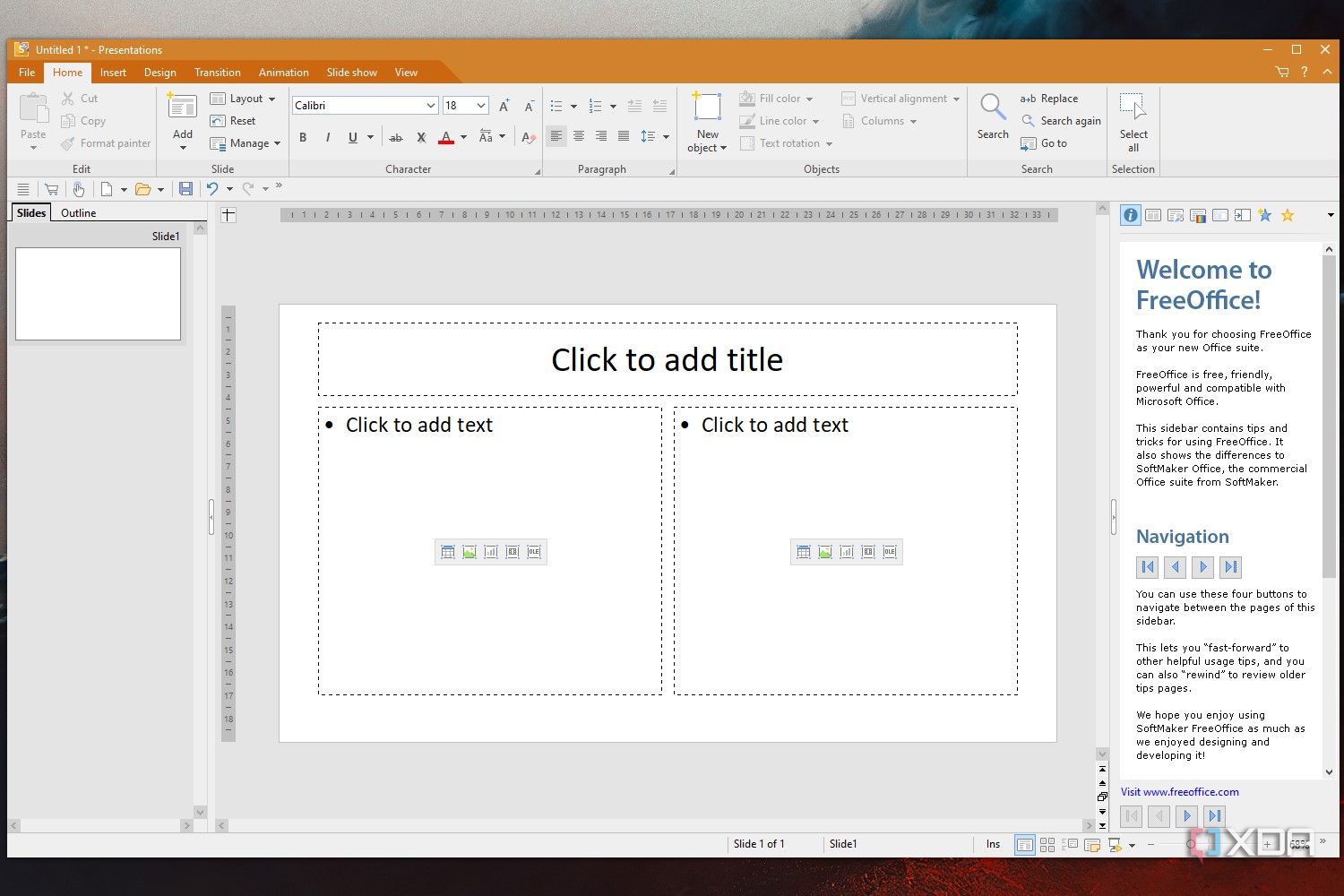 Screenshot of Presentations, a free PowerPoint Alternative from SoftMaker FreeOffice suite.
