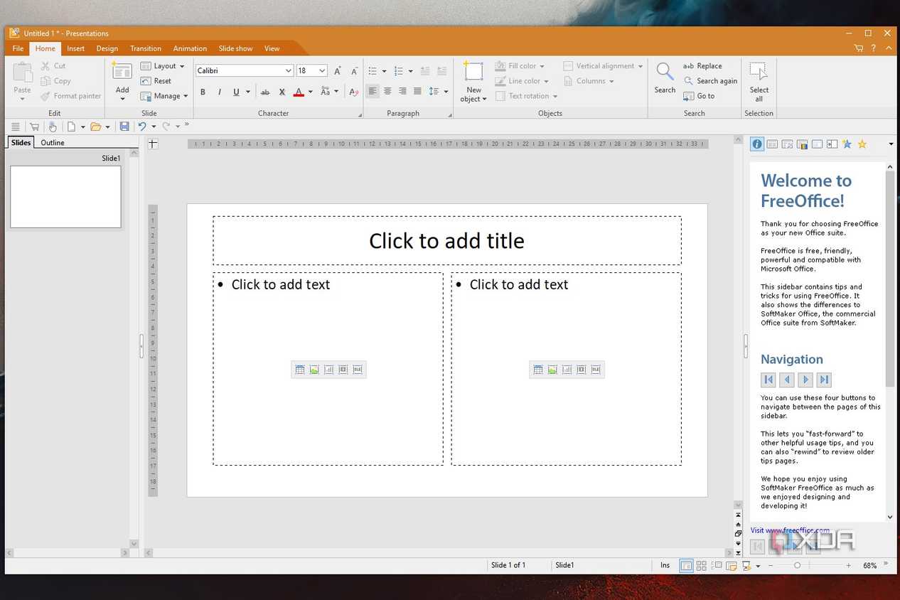 Screenshot of Presentations, a free PowerPoint Alternative from SoftMaker FreeOffice suite.