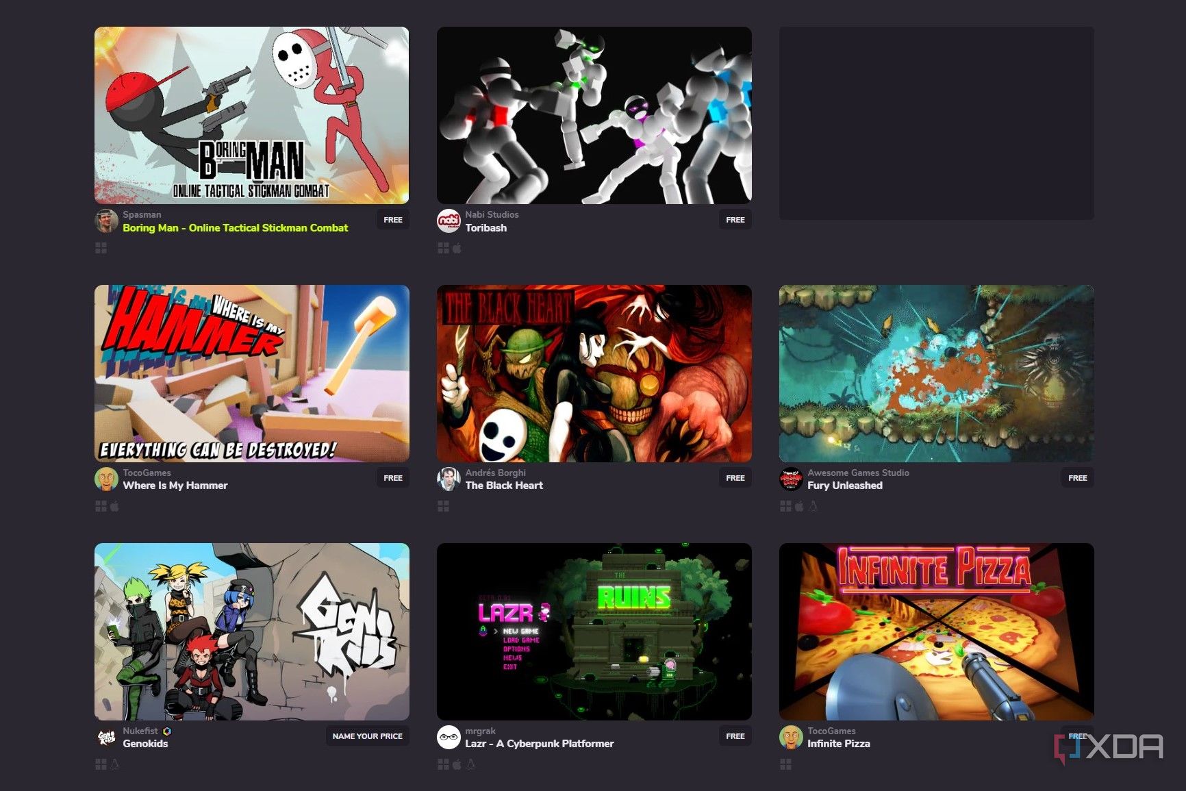 Screenshot of free action games on Game Jolt