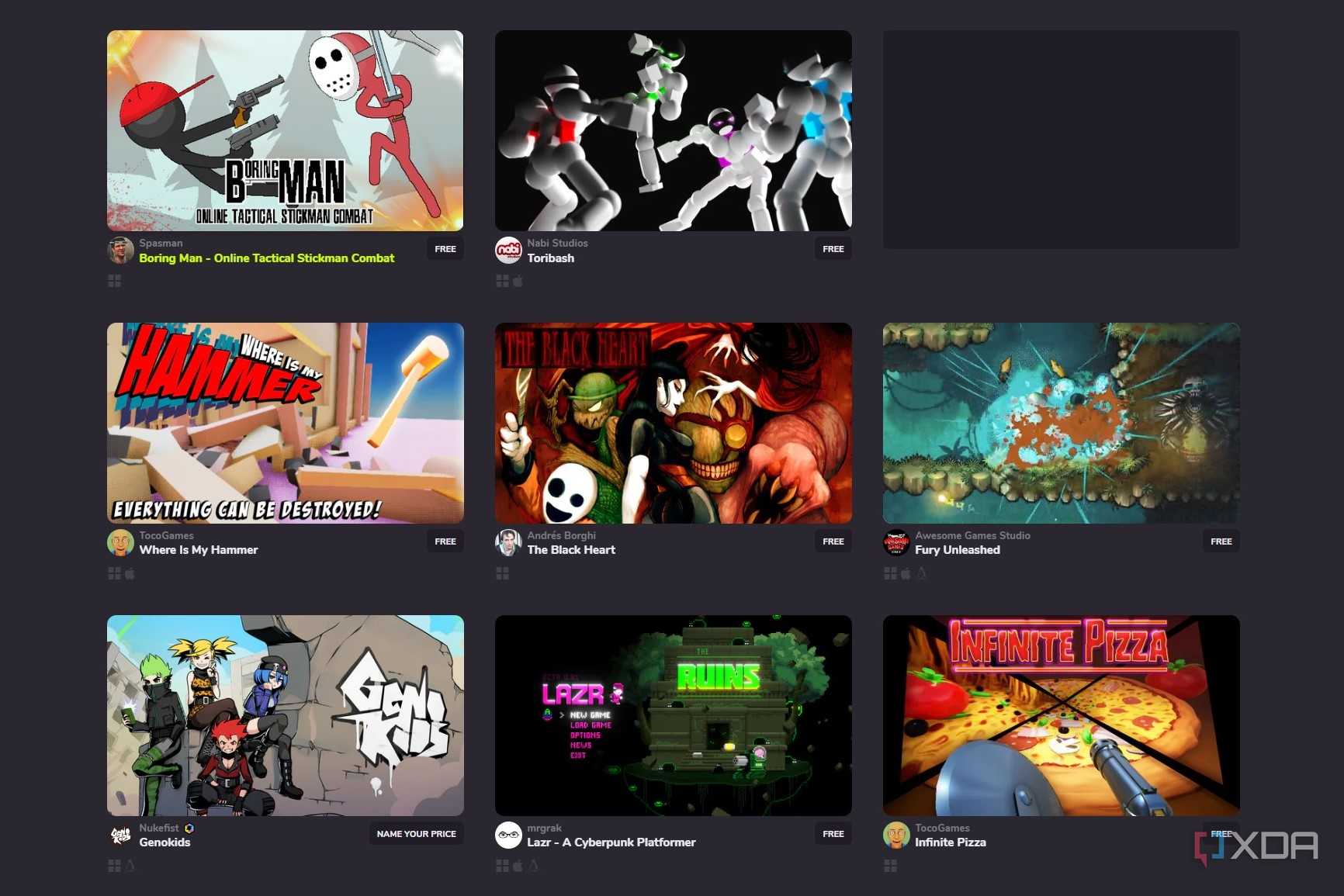 Screenshot of free action games on Game Jolt