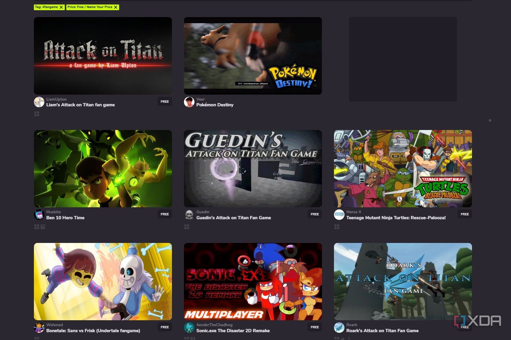Screenshot of free fan games on Game Jolt