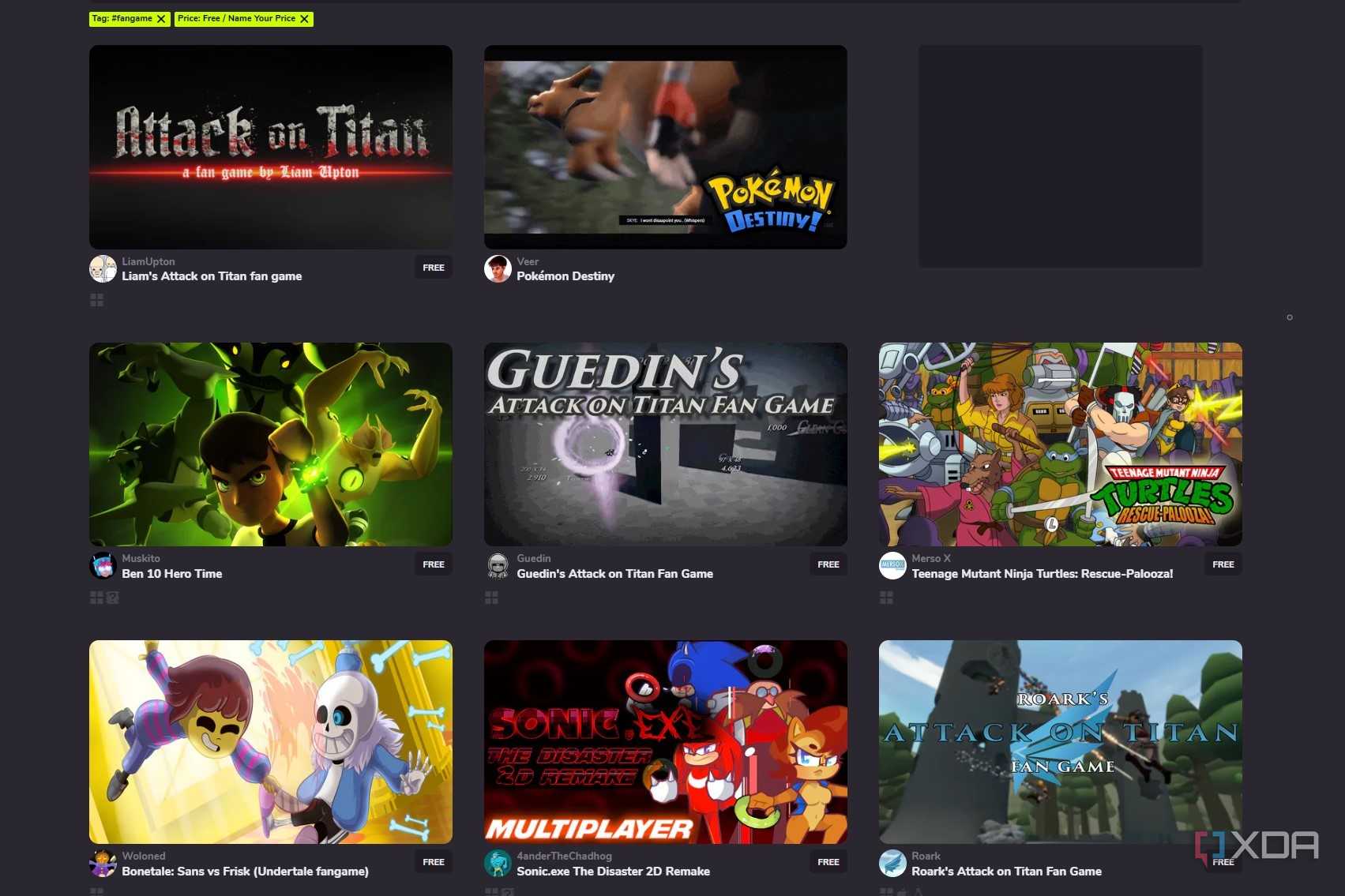 Screenshot of free fan games on Game Jolt