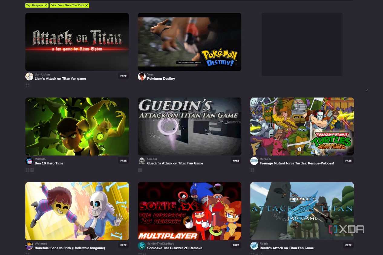 Screenshot of free fan games on Game Jolt