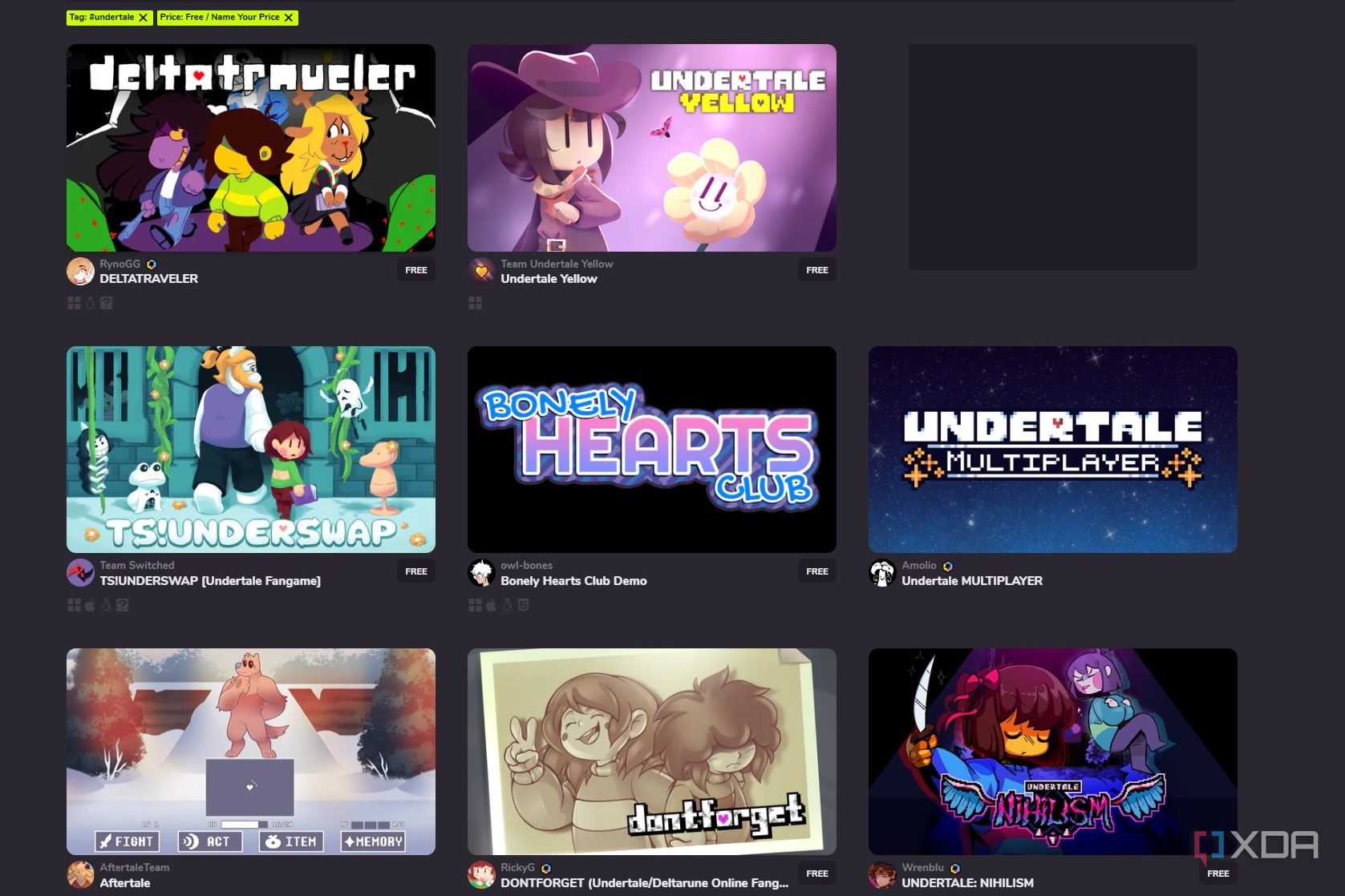 Screenshot of free Undertale games on Game Jolt