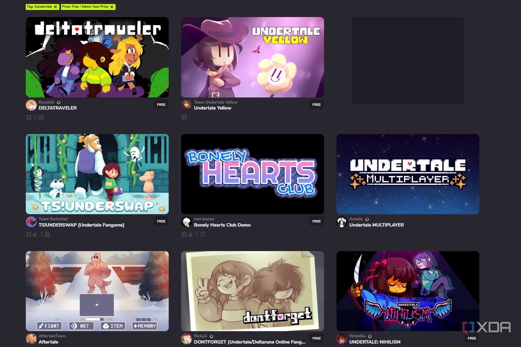 Screenshot of free Undertale games on Game Jolt