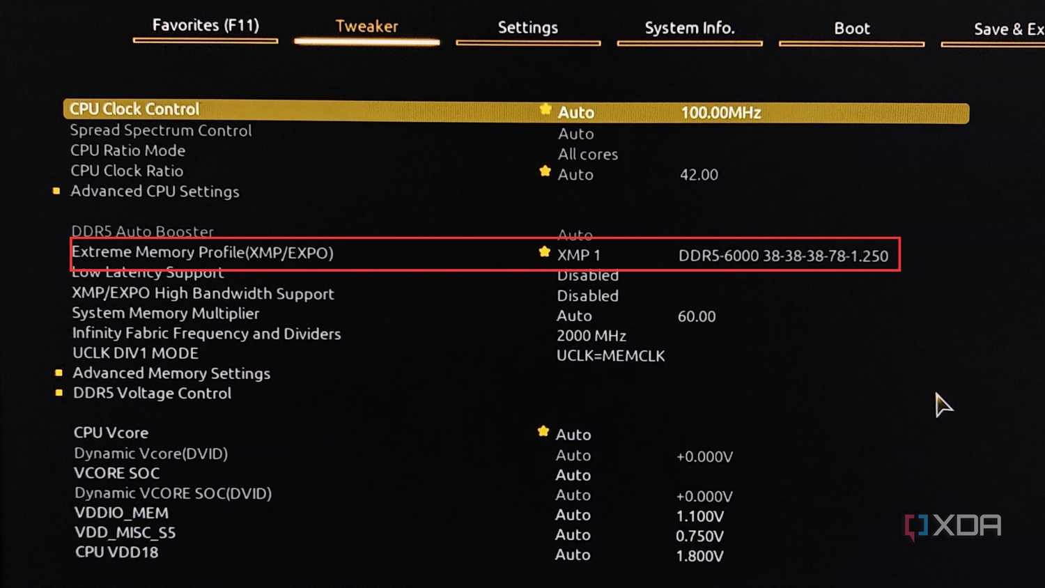 A screenshot showing the highlighted XMP profile in Gigabyte motherboard BIOS.