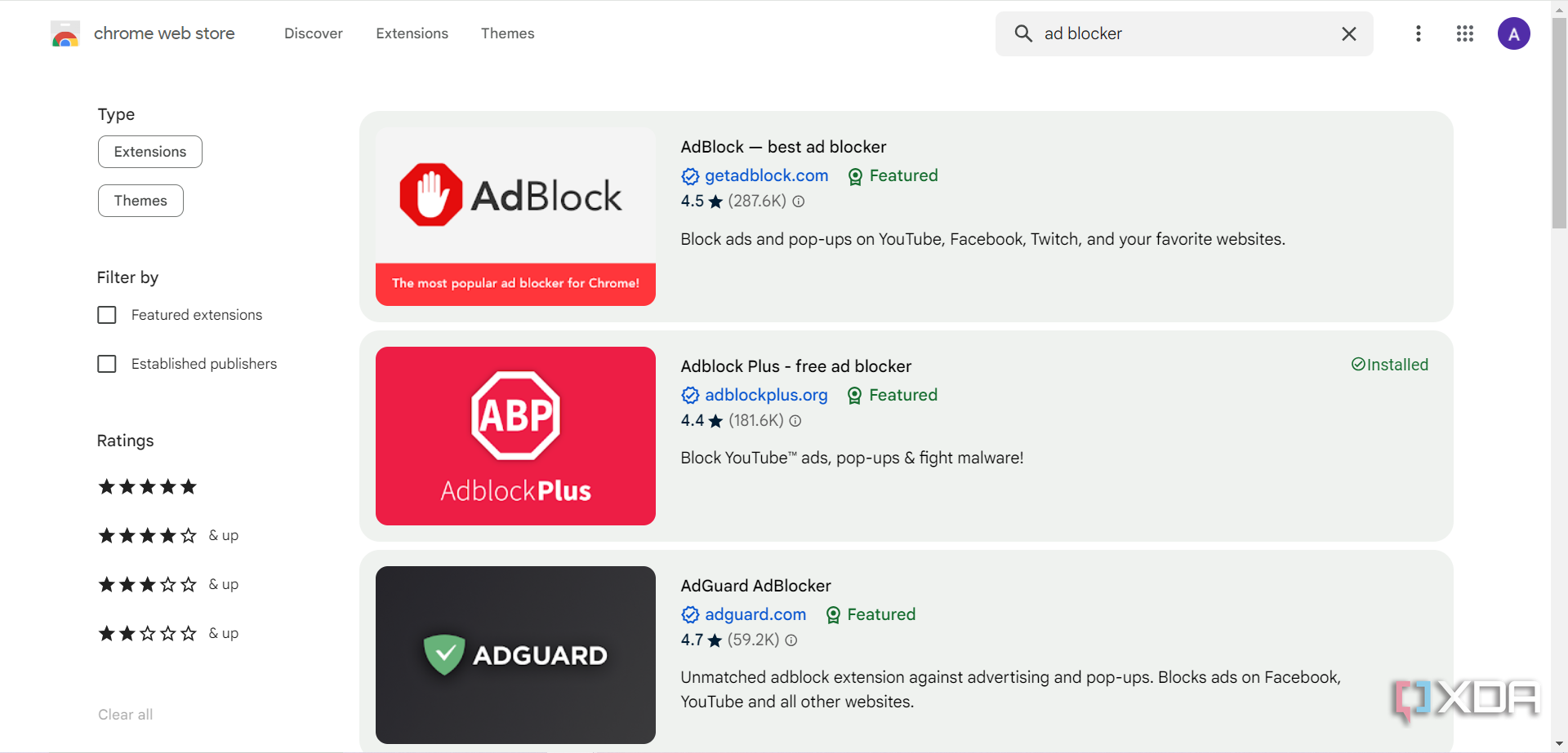 Google chrome extension store page showing ad blockers