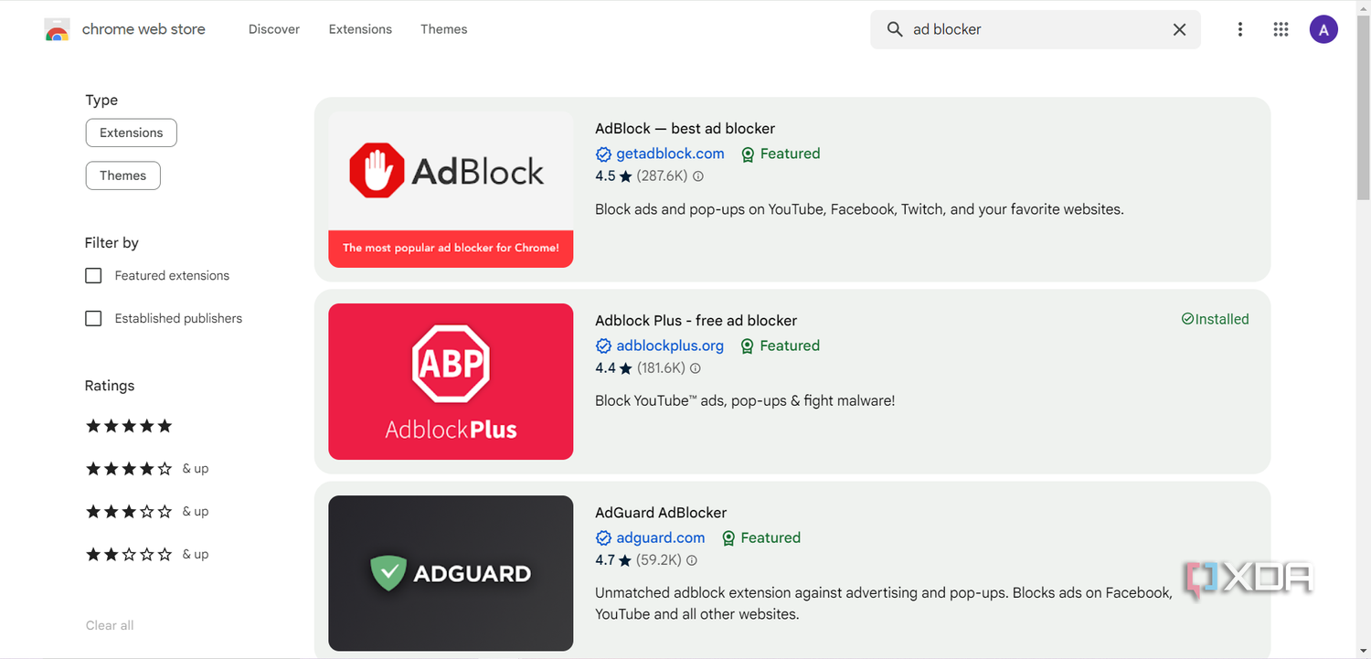Google chrome extension store page showing ad blockers