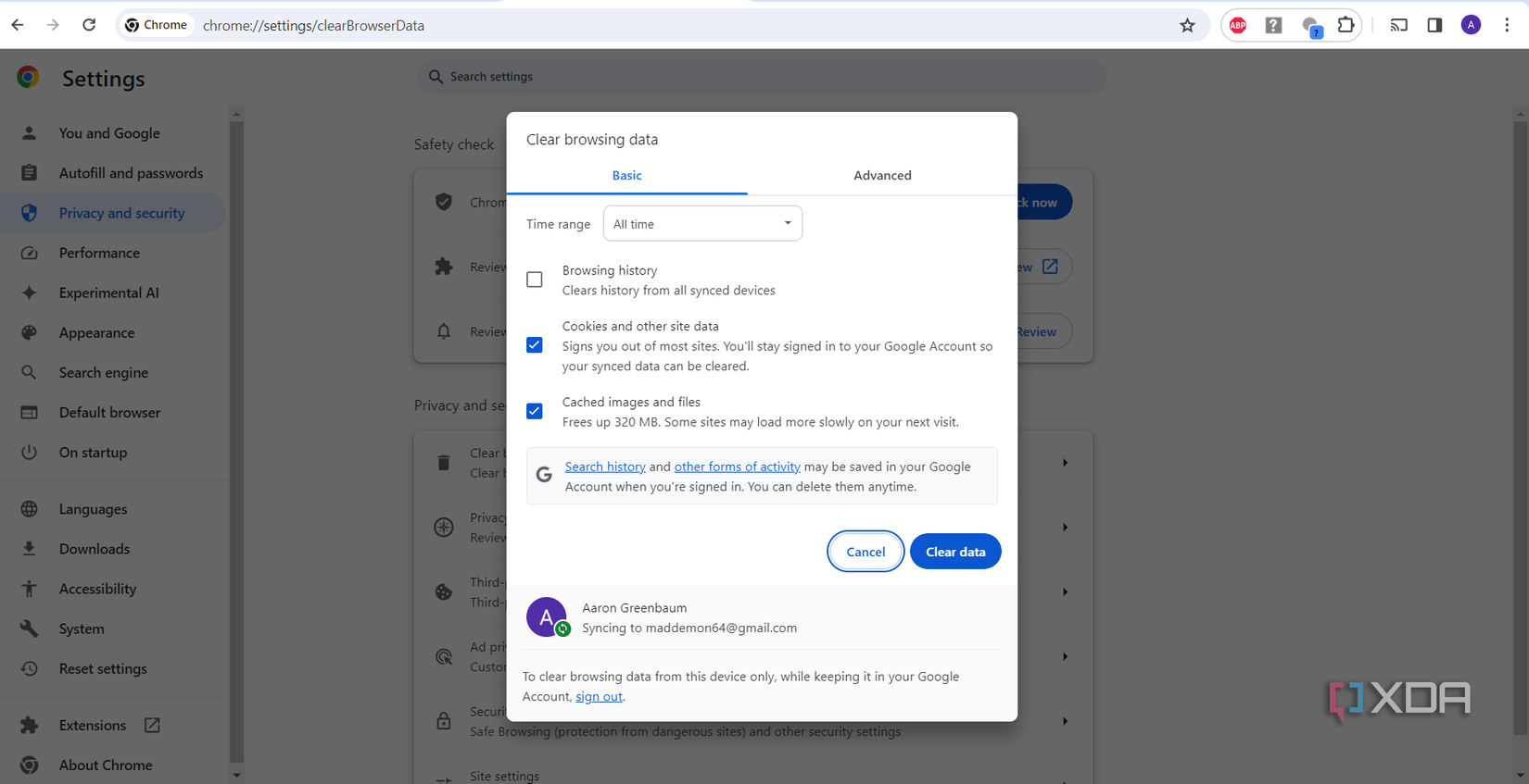 Google chrome clear browsing data and browser cache