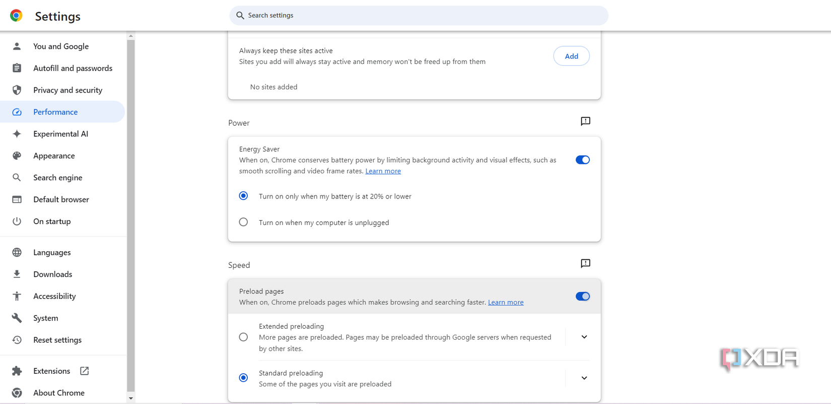 Google chrome settings showing preload options