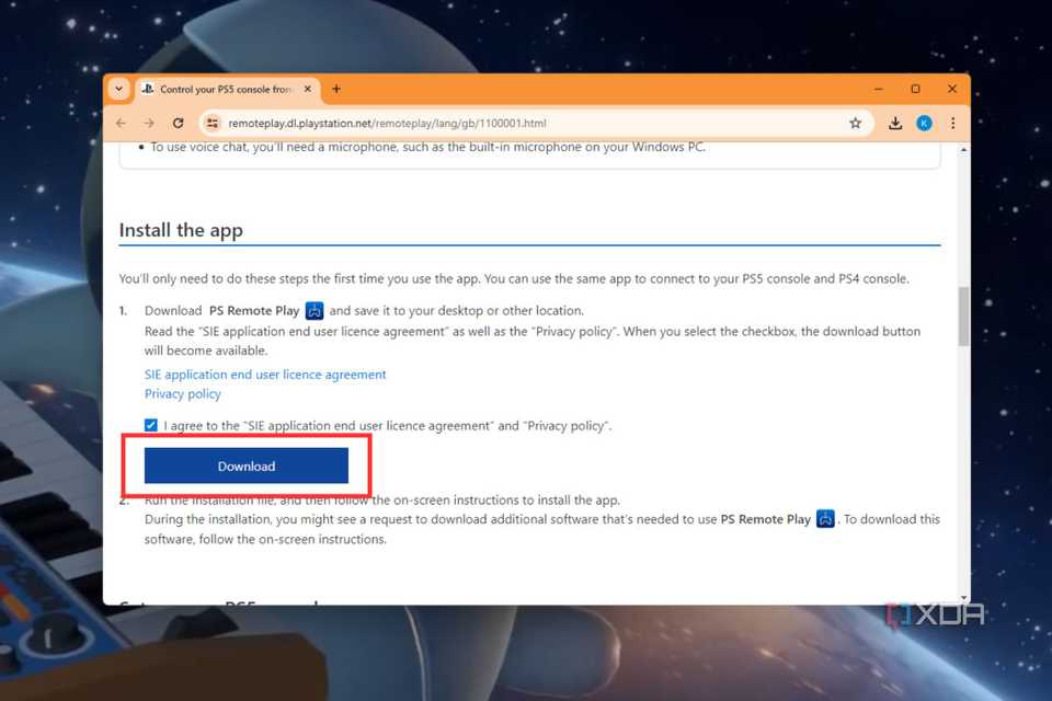 A screenshot showing the highlightd Download button the PS Remote Play app.
