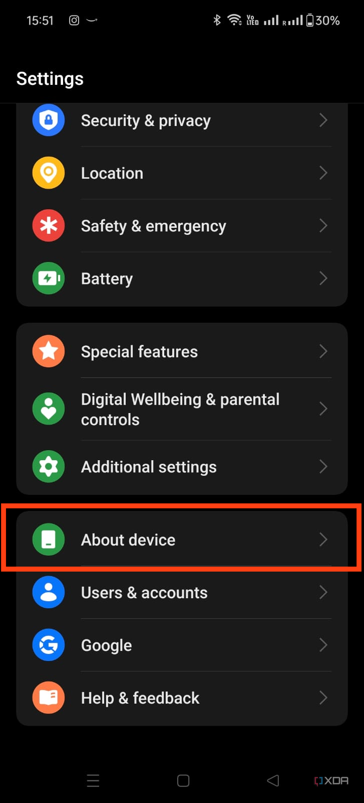 An image showing the highlighted about device on Oneplus phone.