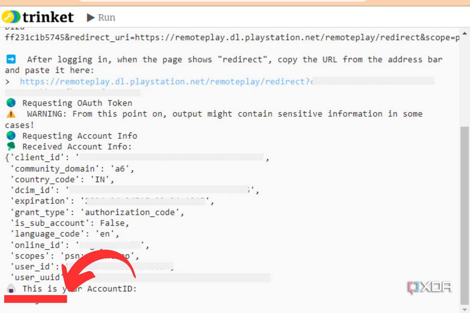 A screenshot showing the highlighted Account ID shown in a text box on a webpage.