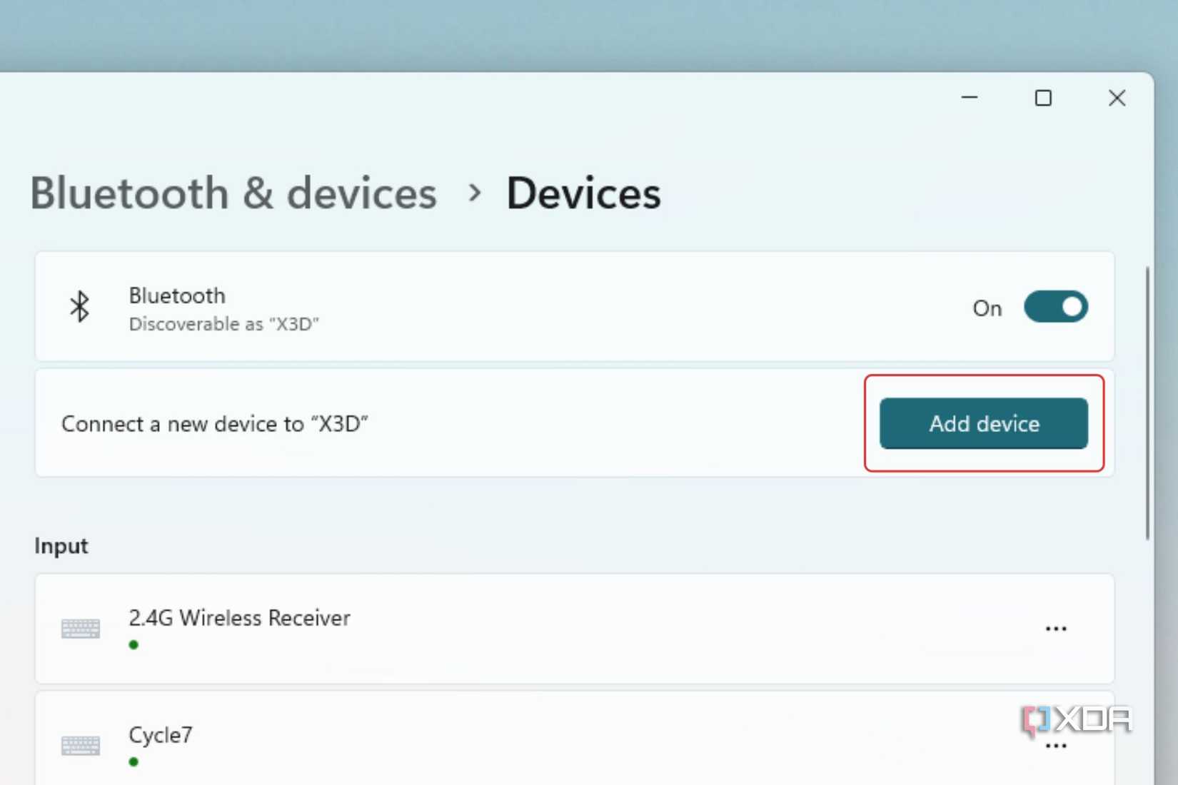 A screenshot showing the highlighted Add device option in Windows Bluetooth settings page.
