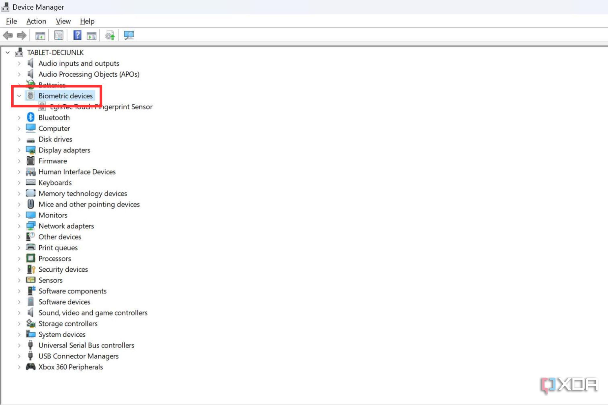 A screenshot showing the highlighted Biometric devices option in Windows Device Manager.