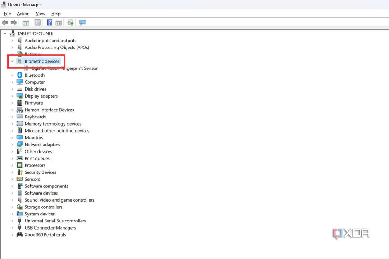 A screenshot showing the highlighted Biometric devices option in Windows Device Manager.