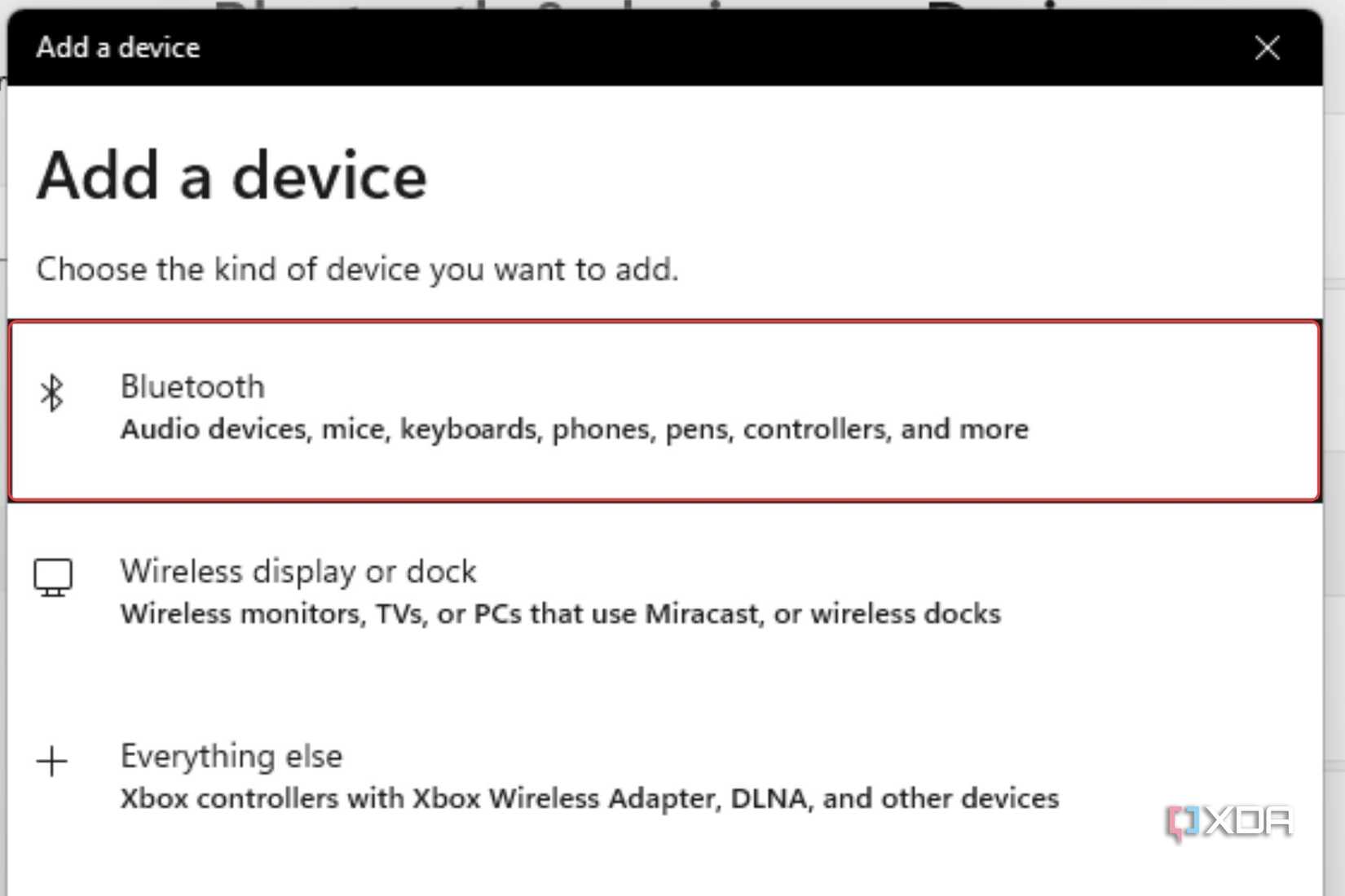 A screenshot showing the highlighted Bluetooth option in Add a device in Windows Bluetooth settings page.
