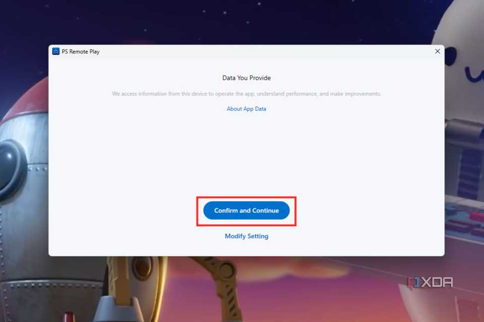 A screenshot showing the highlighted Confirm and Continue button the PS Remote Play App.