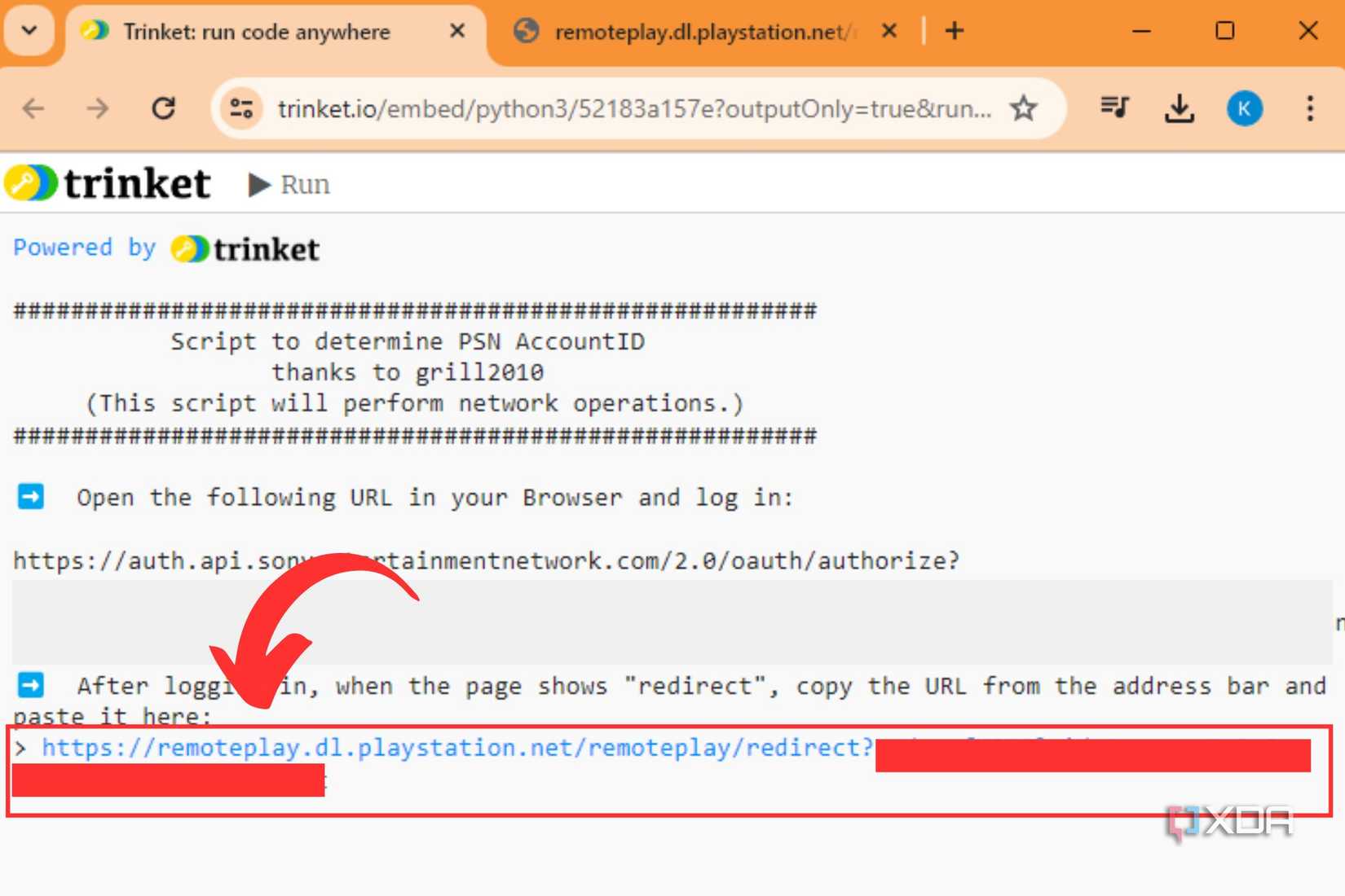 A screenshot showing the highlighted copied URL within a trinket webpage.