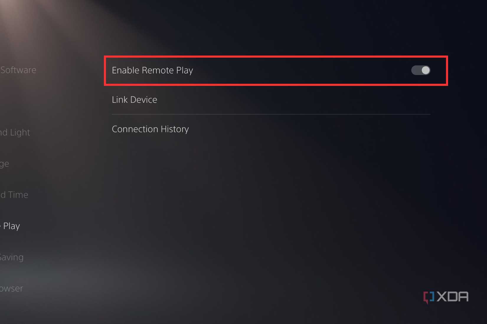 Highlighted Enable Remote Play toggle on the PS5's Remote Play settings page
