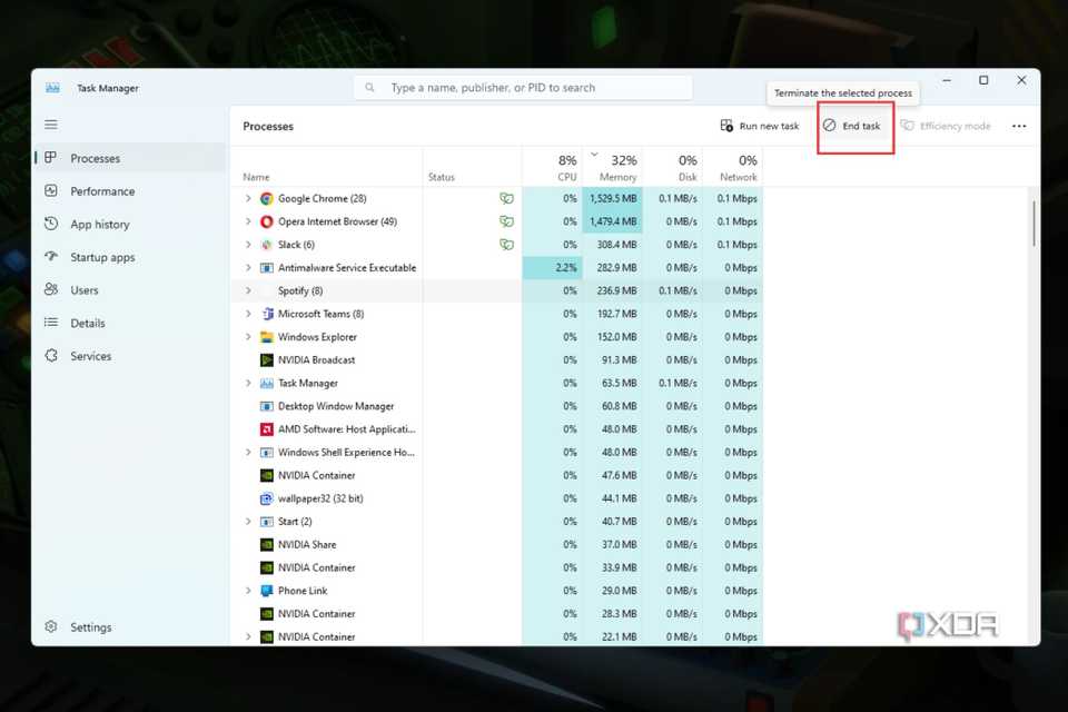 A screenshot showing the highlighted end task button in Task Manager.