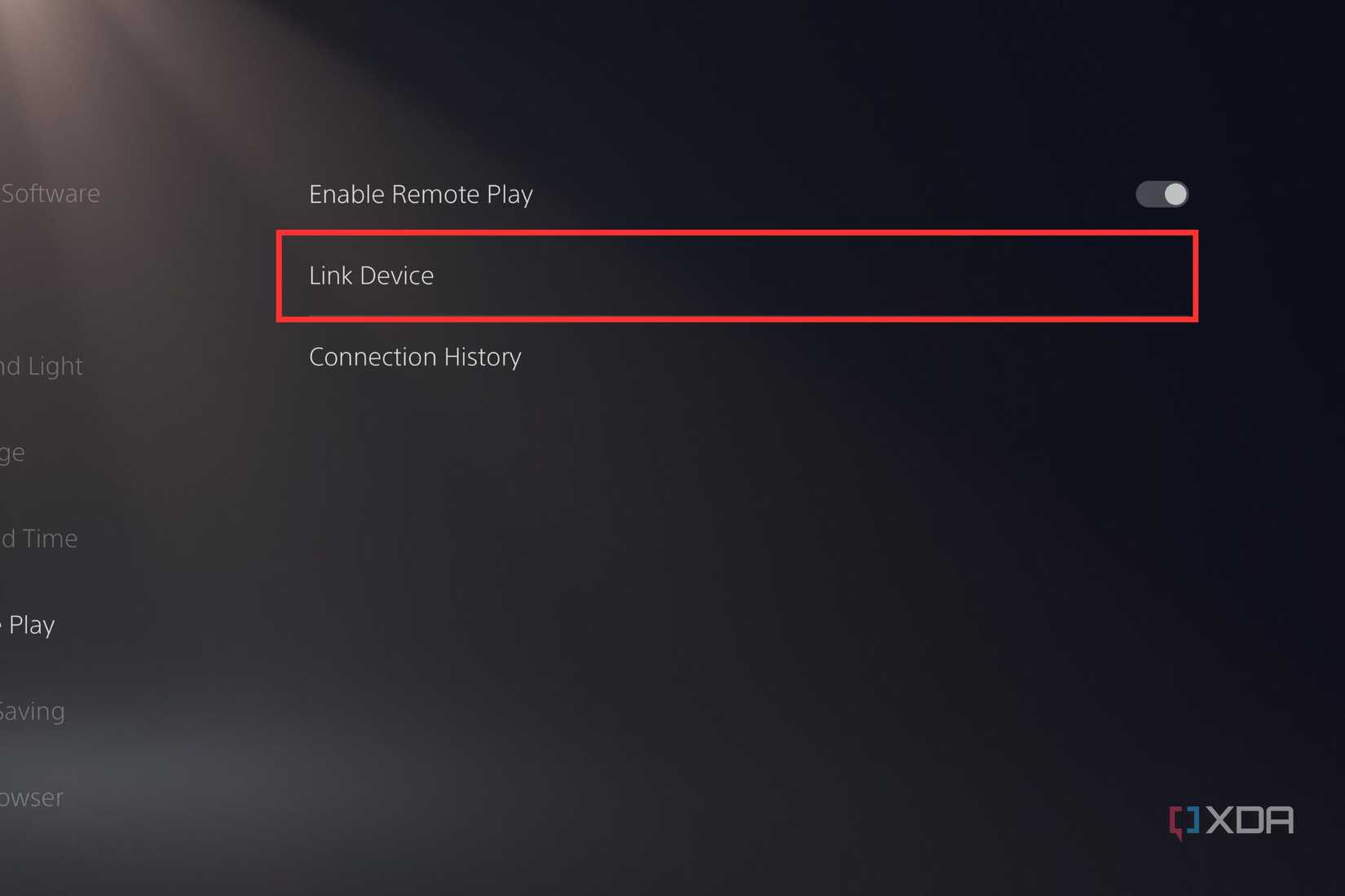 A screenshot showing the highlighted Link Device option in PS5 System settings page.