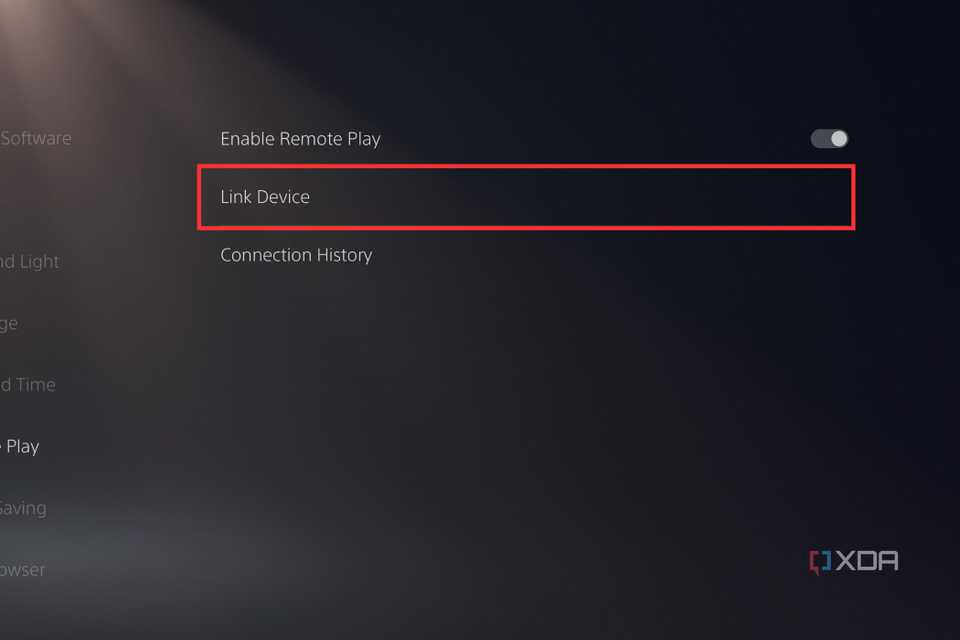 A screenshot showing the highlighted Link Device option in PS5 System settings page.