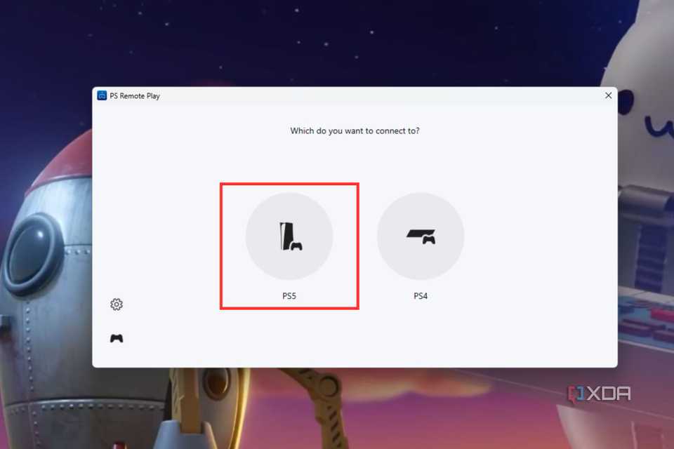 A screenshot showing the highlighted PS5 option on the Remote Play app.