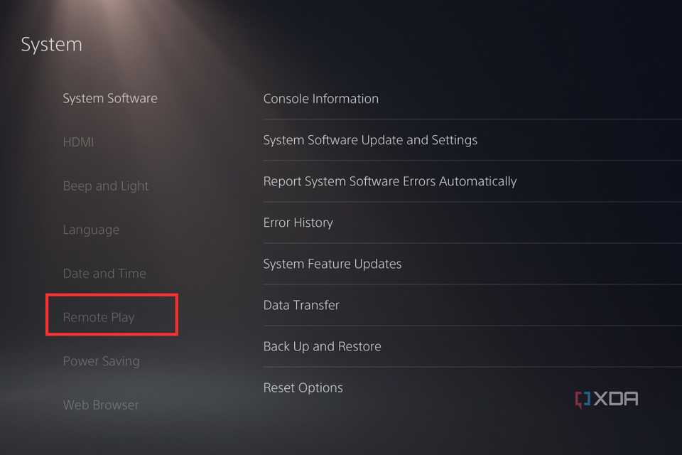 Highlighted Remote Play option in PS5's System settings page