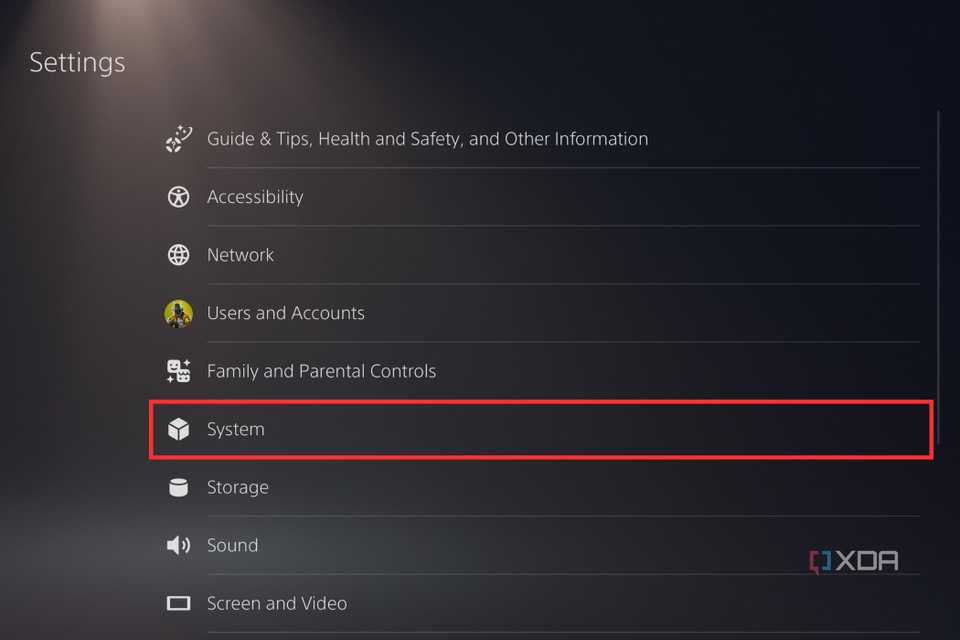 Highlighted System option on the PS5 Settings page