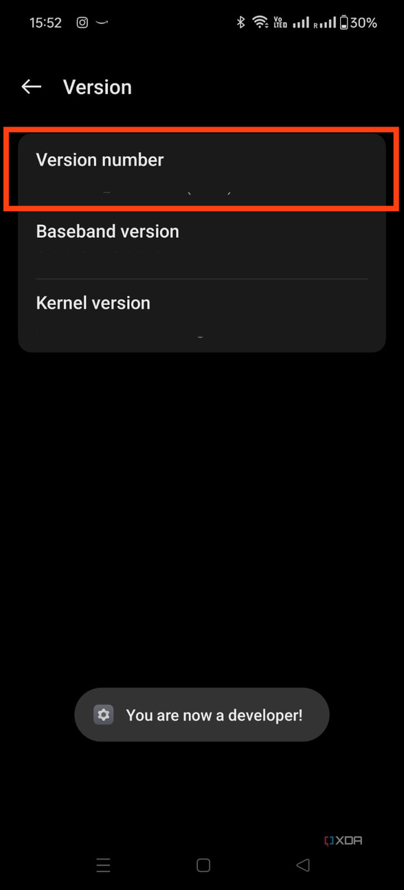 An image showing the highlighted version number in OnePlus phones,