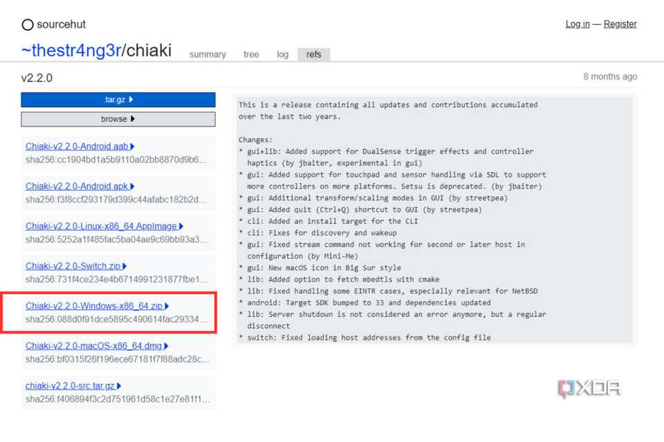A screenshot showing the highlighted Windows download option for Chiaki on its webpage.