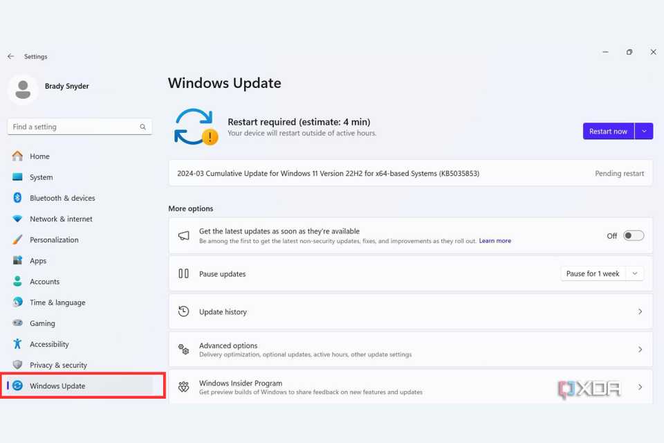 A screenshot showing the highlighted Windows update option in Windows.