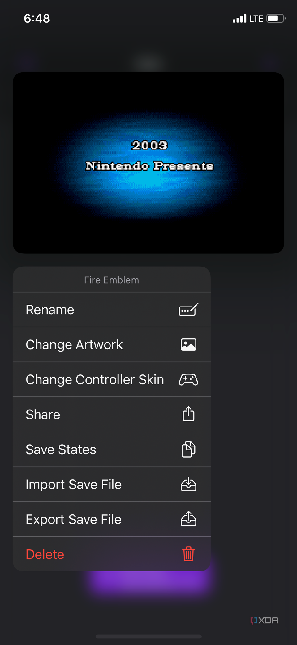 An iOS screenshot of the Delta app showing the options menu for a game. 