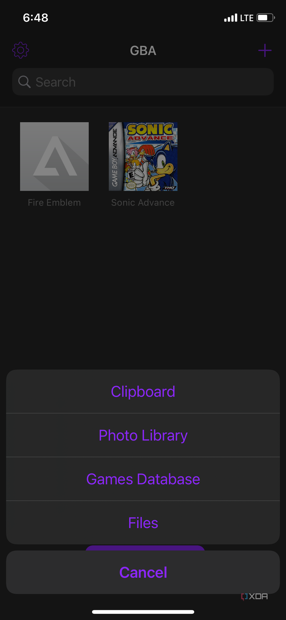 An iOS screenshot of the Delta app showing the import options for adding box art. 
