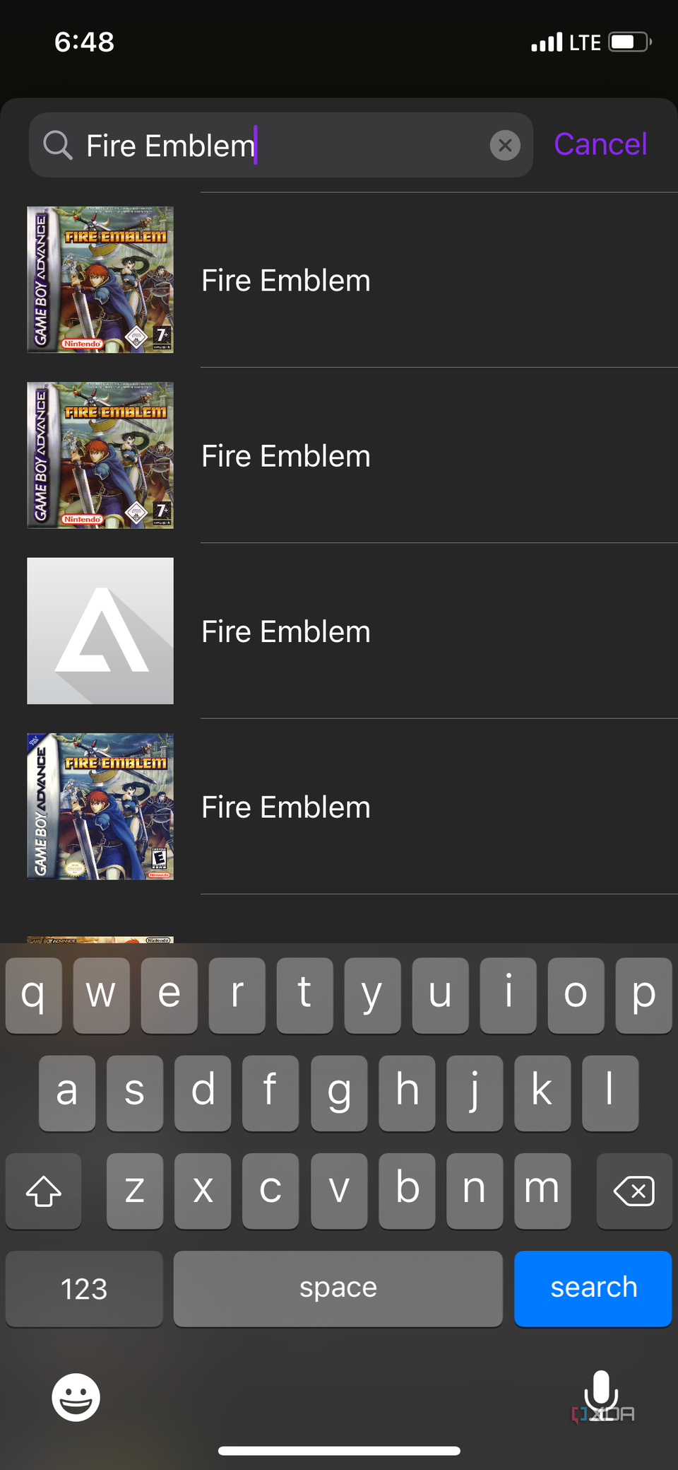 An iOS screenshot of the Delta app showing the Fire Emblem box art options from the Delta database.