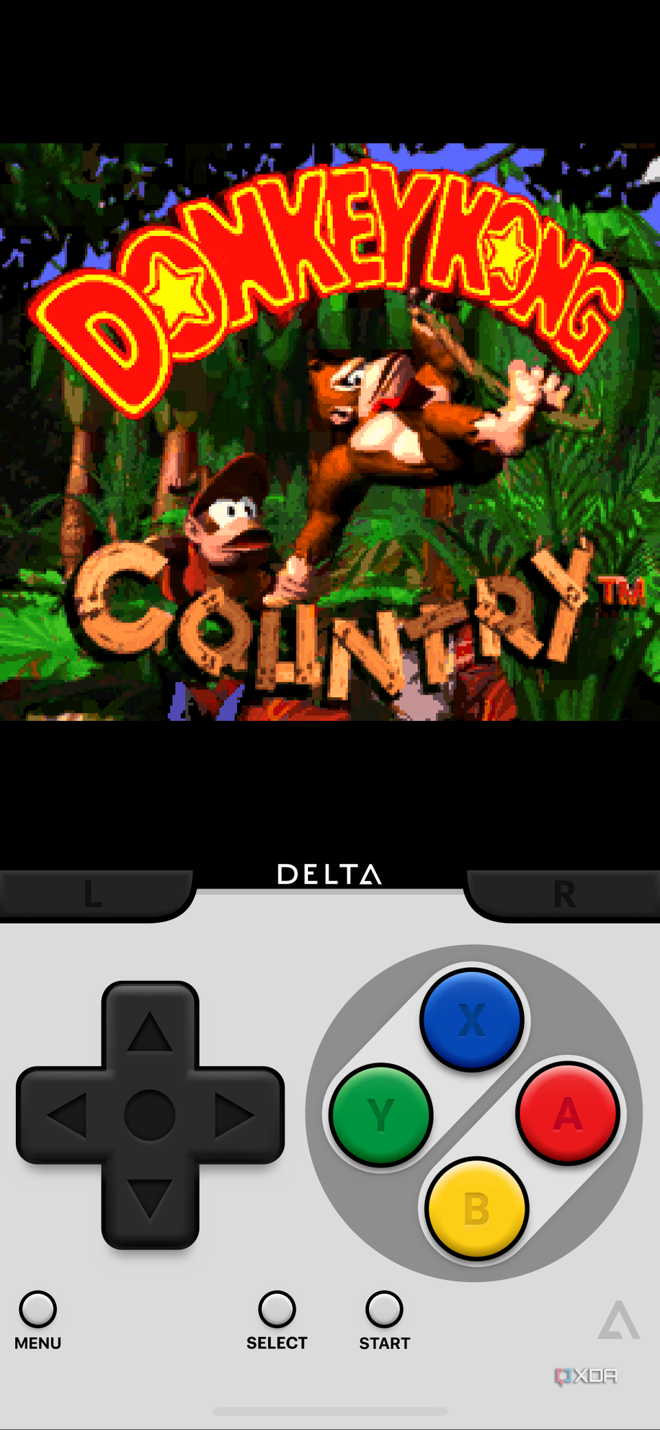 A screenshot of the Delta app on iOS running Donkey Kong Country.